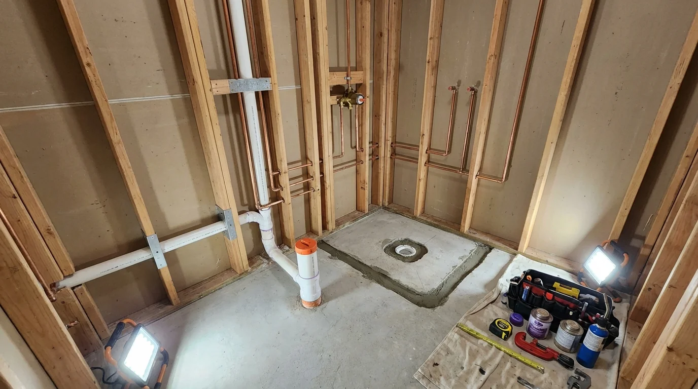 Bathroom rough-in plumbing during remodel by Johns Plumbing LLC in Somerton