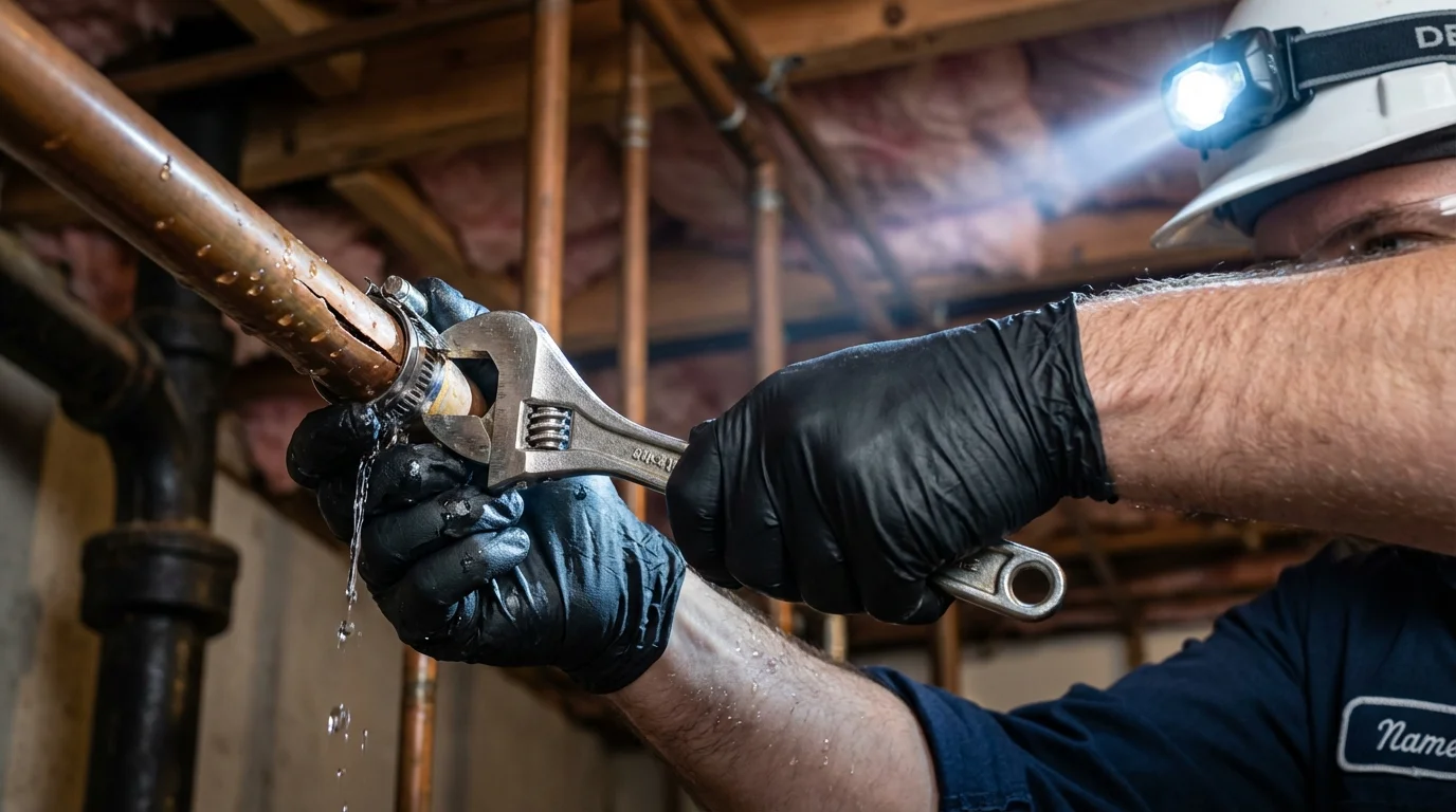 Emergency pipe clamp repair being performed by a Johns Plumbing LLC plumber in Somerton
