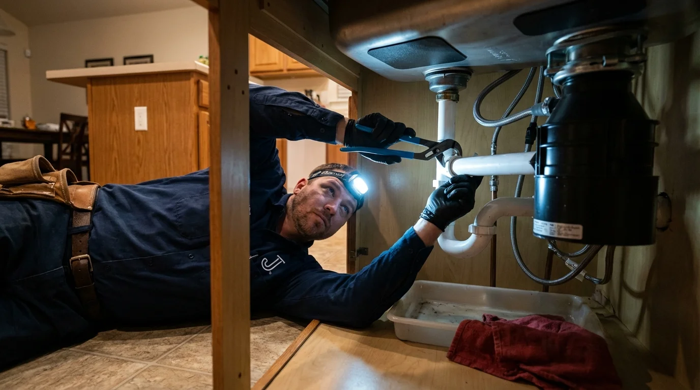 P-trap and supply line connections under a kitchen sink showing a common leak point in Somerton, AZ